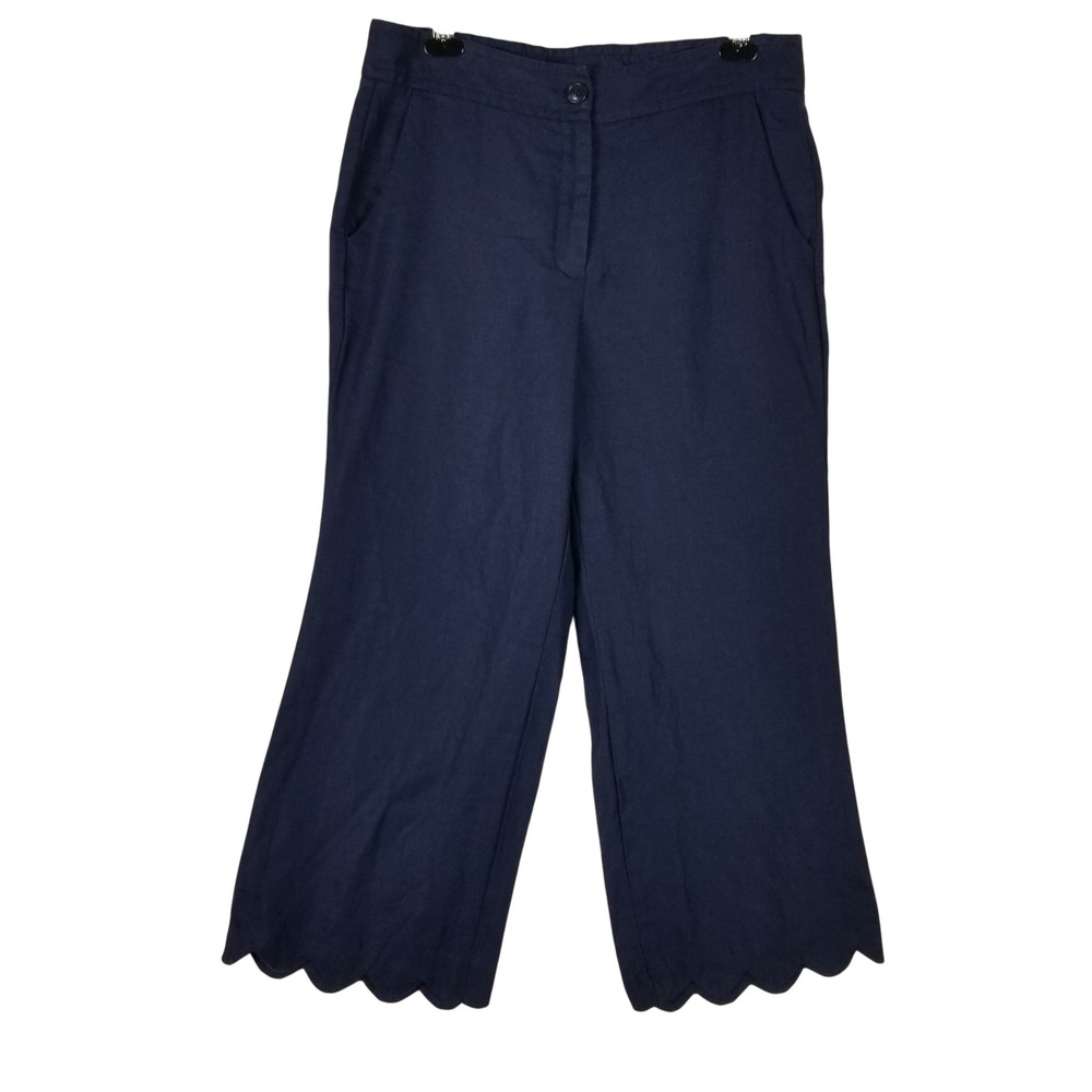 Chico's Linen Wide Leg Pants Women 1.5 US 10 Navy Blue Scalloped Hem Culottes